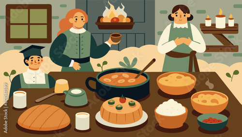 Tavern Fare Favorites Visit a virtual colonial tavern and learn how to make popular dishes like hearty corn chowder savory shepherds pie and indulgent. Vector illustration