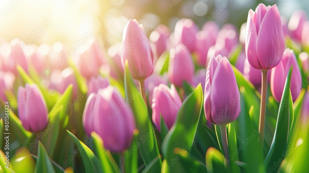   A field filled with pink tulips, sun shining through the trees in background