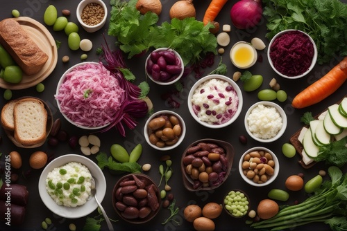 'probiotics food concept kimchi beet sauerkraut cottage cheese peas olives bread chocolate kefir pickled cucumbers background cabbage canning carrot chili cucumber diet ferment fermentation fermented' photo