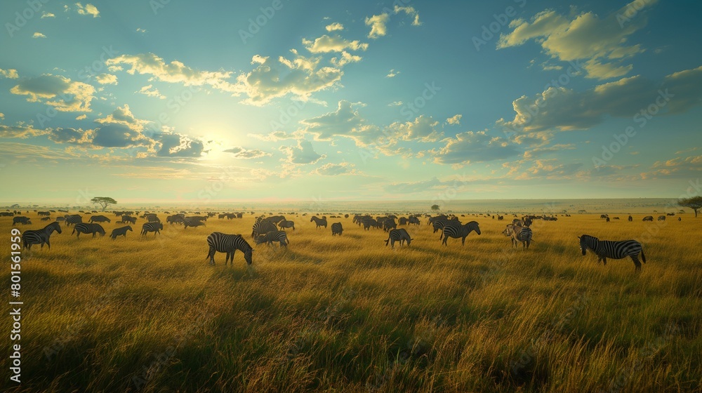 A panoramic view of a vast grassland teeming with grazing animals, such as zebras and wildebeests. A panoramic view of a vast grassland teeming with grazing animals, such as zebras and wildebeests.
