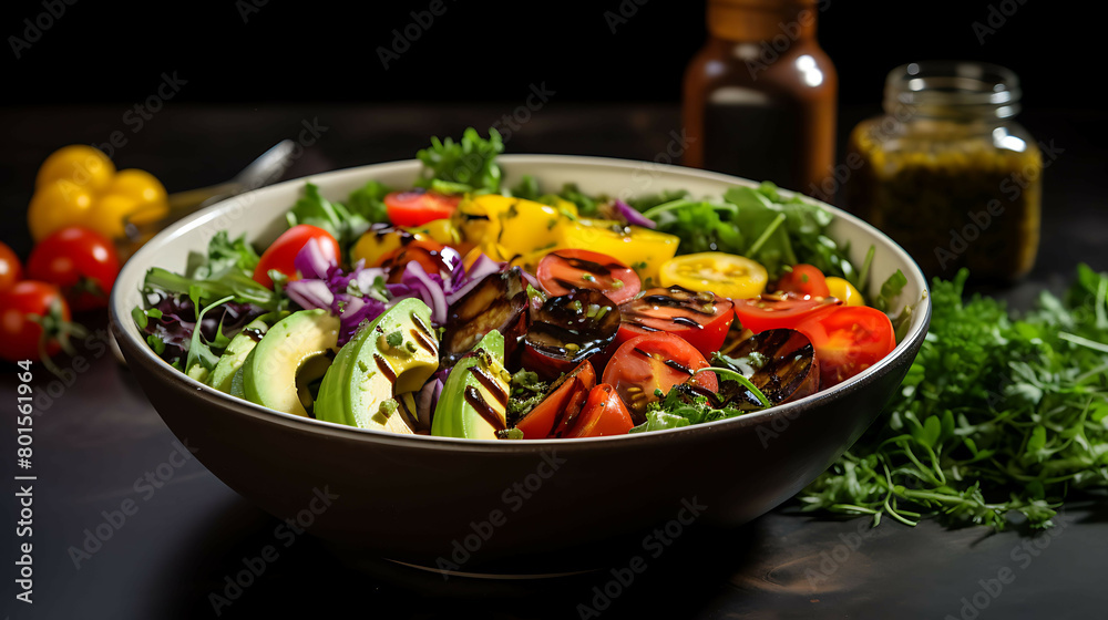 A vibrant and healthy salad with mixed greens, roasted vegetables, and a tangy balsamic vinaigrette, presented in a modern bowl.