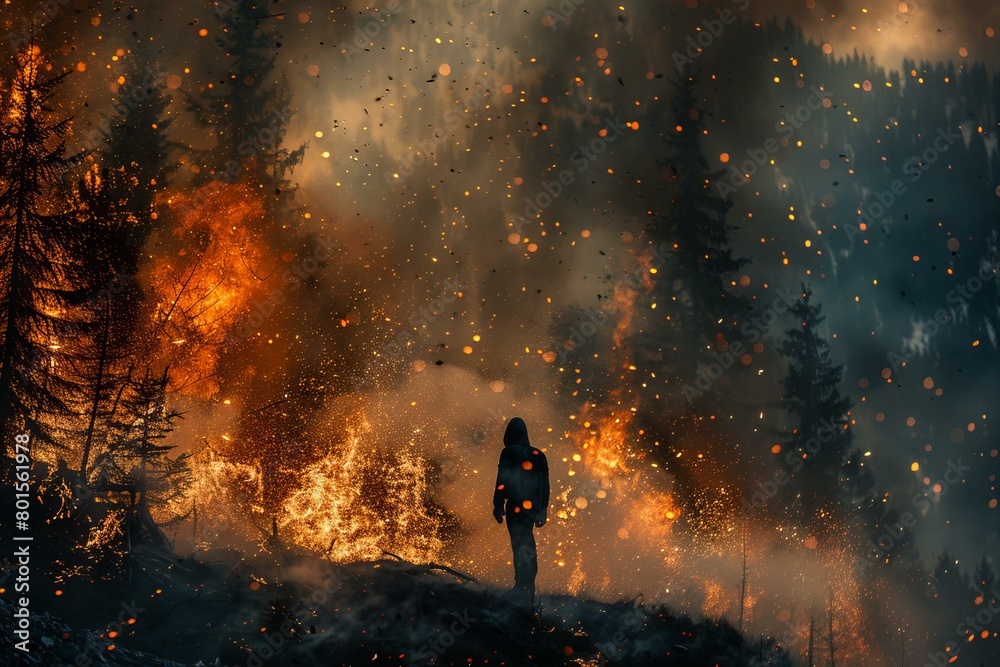 Lone Figure Amidst Fiery Wildfire in Forest at Dusk Lone Figure Amidst Fiery Wildfire in Forest at Dusk
