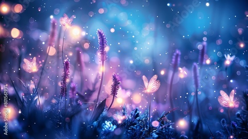   A sky filled with butterflies and a field of purple flowers with a blue bokeh of light in the background © Mikus