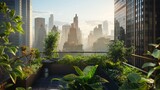 A rooftop garden oasis in the heart of the urban jungle, with greenery flourishing amid the skyscrapers.