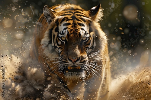 Majestic Tiger Emerging with Dynamic Dust Effect in Sunlight