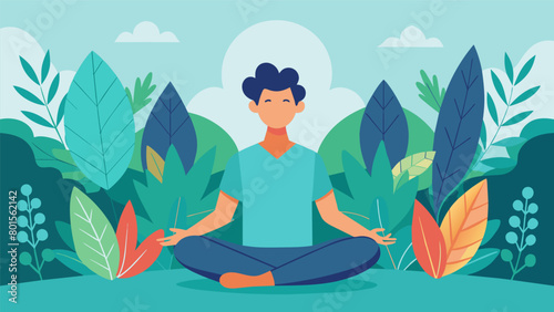 An illustration of a man meditating in a peaceful forest setting surrounded by a variety of herbs and plants known for their calming and healing.