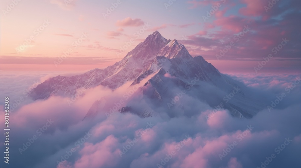 A rugged mountain peak piercing through a sea of clouds at twilight