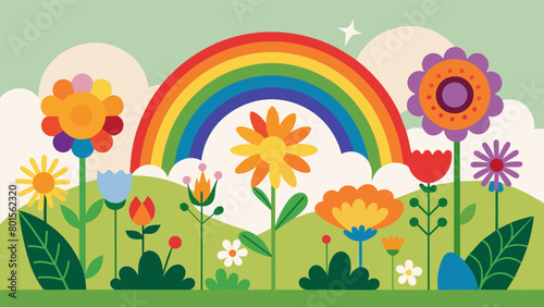 A rainbow of flowers and plants bloom in the garden symbolizing diversity and inclusivity within the community. Each plant is unique and beautiful but. Vector illustration
