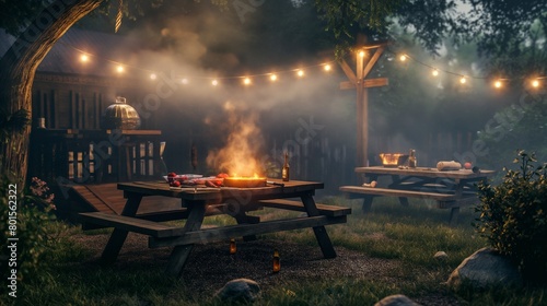 A rustic backyard BBQ party with a smoking grill and picnic benches. photo
