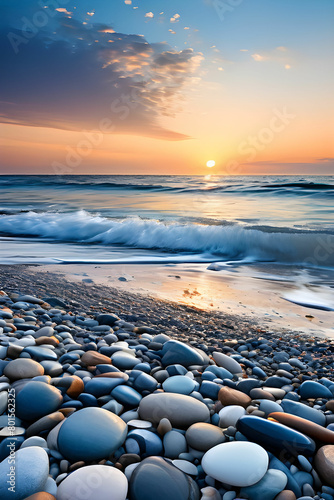 Serene Sunset by the Sea  An Elegant View of Orange-Hued Horizon with Stones on the Shore