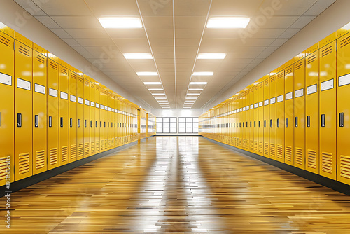 Empty high school hallway with yellow lockers on the left and right sides wooden floor bright white ceiling lights