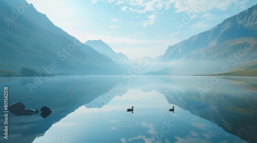 A serene lake reflecting the surrounding mountains, with a family of ducks swimming peacefully on its surface. photo