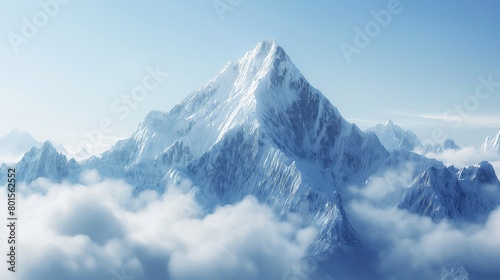 A snow-capped mountain peak piercing through the clouds