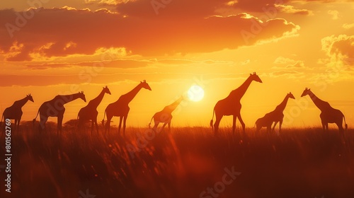 A sunset over the savanna, casting a warm glow on the silhouettes of grazing giraffes © Eric