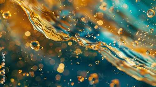 Abstract golden fluid stream with bubbles over a teal background
