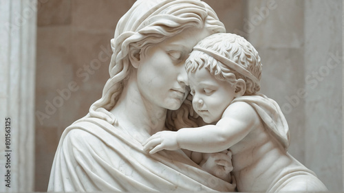 White marble stone sculpture of mother and child. Ancient Greek statue. Motherhood, love, affection concept