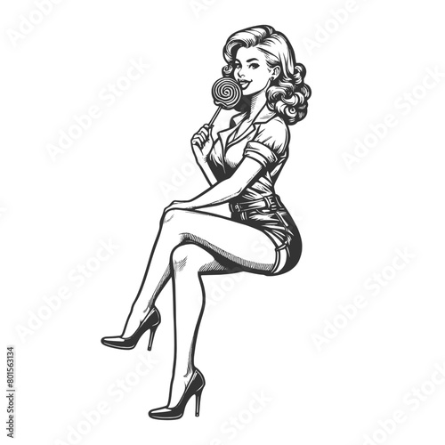Pin-up girl woman eats swirl lollipop, evoking a sweet nostalgia sketch engraving generative ai fictional character vector illustration. Scratch board imitation. Black and white image.