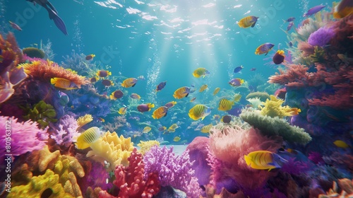A vibrant coral reef teeming with colorful fish, explored by a scuba diver in clear turquoise water. © Dave