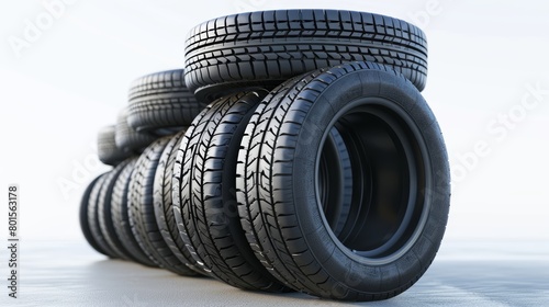 Stack of high-quality car tires on a soft blue background. 3D render. Automotive safety and performance concept