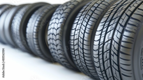 Close-up of a row of car tires highlighting tread patterns. Studio shot for automotive design and advertising