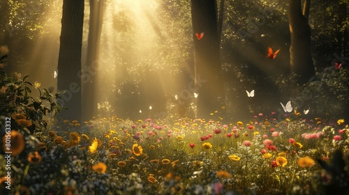 A warm, sunlit forest clearing with a carpet of wildflowers and butterflies photo