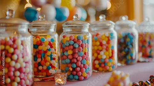 A whimsical candy buffet featuring jars filled with colorful candies, lollipops, gumballs, and chocolate treats, arranged in a playful display for guests to indulge their sweet tooth. photo