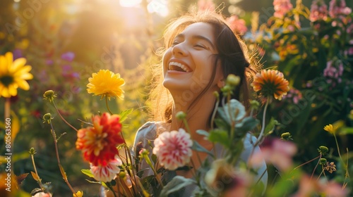 A woman laughing joyfully while holding a bouquet of colorful flowers in a sunlit garden.