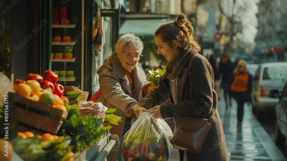 A young woman helping an elderly lady carry her groceries, their bond a testament to the kindness in humanity.