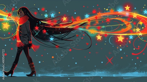  A woman with long hair strolls before stars and swirling patterns against a blue backdrop Red, yellow, and orange hues color the scene