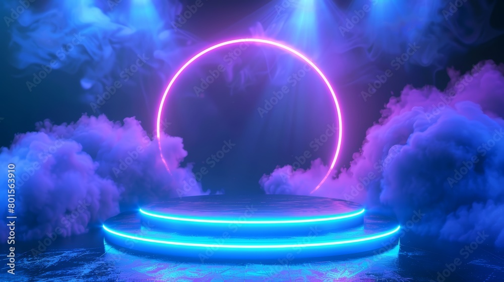 Neon circle on futuristic stage with smoke. Sci-fi abstract background with neon lights