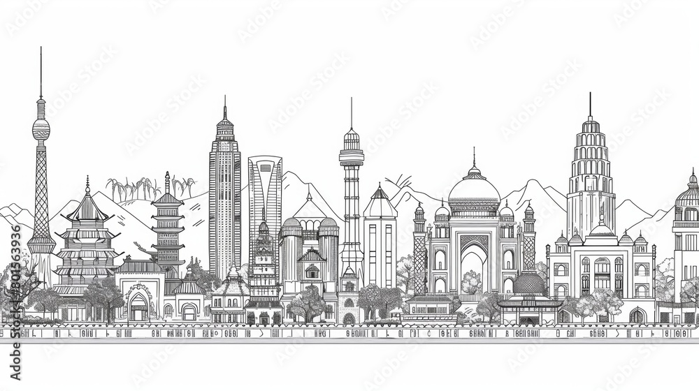 Line art illustrations of traditional architecture and landmarks from different countries.