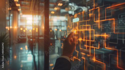 A maze drawn on a large glass pane in an office, with a person tracing a path with their finger, depicting the complexity and navigation of business decisions, decision making, bus