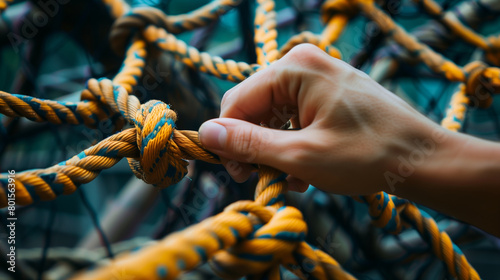 A network of ropes intersecting, with a person's hand choosing a path to untangle them, representing problem-solving and decision-making processes, decision making, business, natur photo