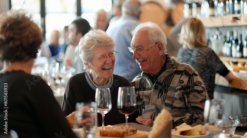 Elderly couple at a wine and cheese social  sampling products and chatting with others