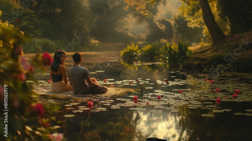 Couples enjoying a romantic picnic by a tranquil pond, with lily pads floating on the surface. photo