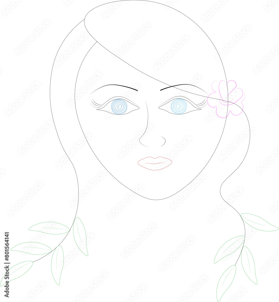 Minimalistic silhouette of a female hair face with leaves. Drawing a single line.