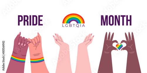 Pride Month Multiracial Hands Banner. People celebrating diversity and love with symbolic LGBT hand gestures vector illustration. LGBT rainbow heart.