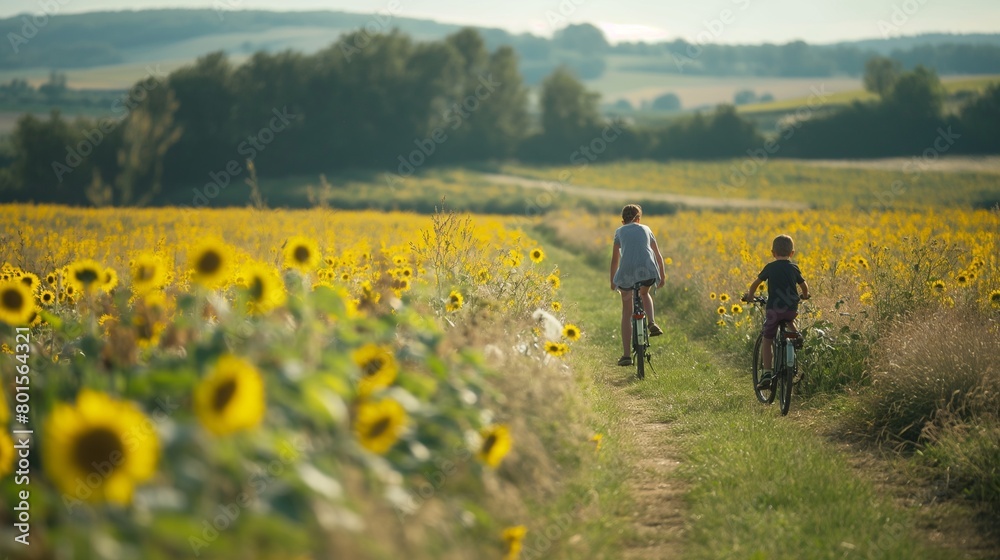 Families enjoying a leisurely bike ride through a charming countryside, with fields of sunflowers. Families enjoying a leisurely bike ride through a charming countryside, with fields of sunflowers.