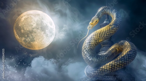 Mystical serpent coiled around an ancient temple under a full moon. Ethereal snake sculpture against a moonlit sky. Concept of fantasy, mythology, and mystery.