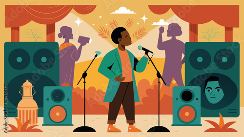 A speaker stands in front of a mural depicting the journey towards freedom their words bringing the stories and struggles of the past to life as a. Vector illustration
