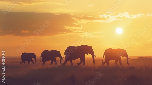 Family of elephants trekking across the vast savannah  their silhouettes outlined against the setting sun.