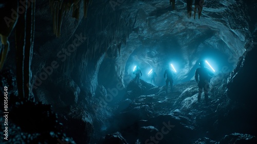 Friends exploring a hidden cave system, with stalactites and stalagmites illuminated by their headlamps.