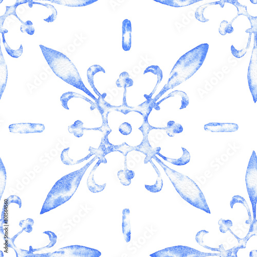 Watercolour blue square vintage tile seamless pattern  (ID: 801564560)