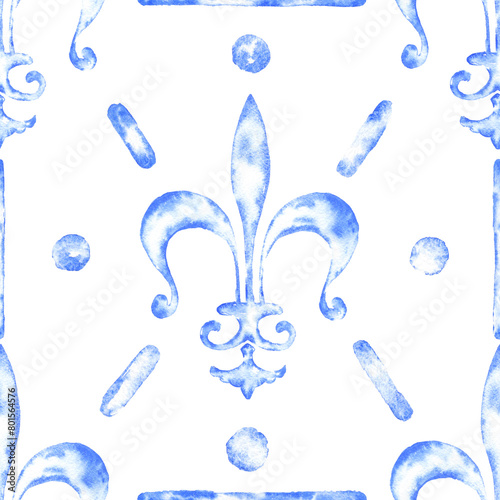 Watercolour blue square tile seamless pattern  (ID: 801564576)