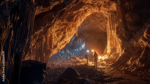 Friends exploring a hidden cave system, with stalactites and stalagmites illuminated by their headlamps.