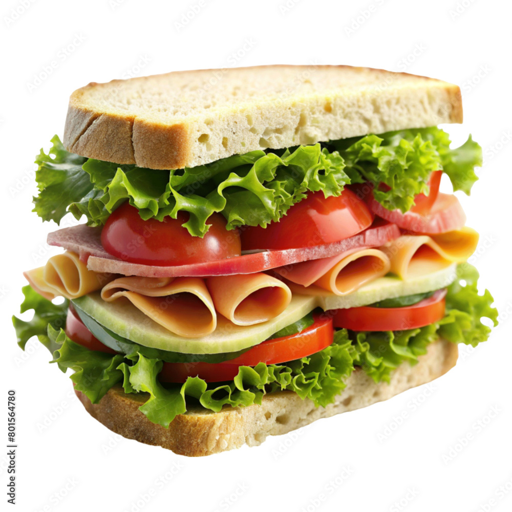 Sandwich with ham, cheese and vegetables isolated on Transparent background. Sandwich with ham, cheese and vegetables isolated on Transparent background.
