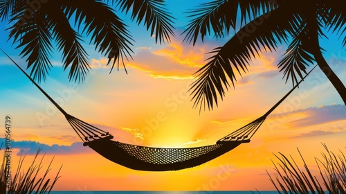 Portrait of silhouette hammock and palm leaf in tropical sunset. generative AI image © wikkie