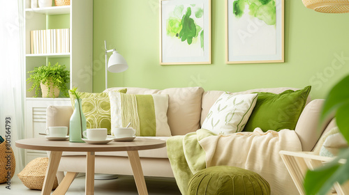 Sala de estar com sofás beges e quadros com plantas verdes -Papel de parede photo