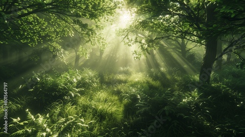 Sunlight filtering through a dense forest canopy, casting intricate patterns on the forest floor.