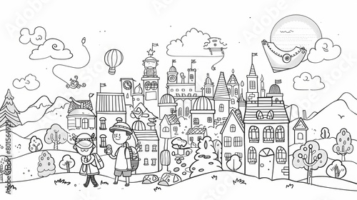 Whimsical line art characters exploring various destinations and attractions.